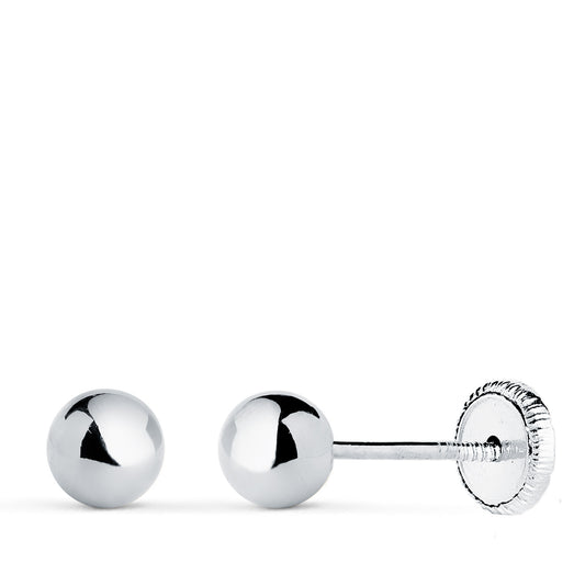 18K PENDIENTES ORO BLANCO BOLA LISA BRILLA HUECA. ANCHO: 5 MM. CIERRE TUERCA