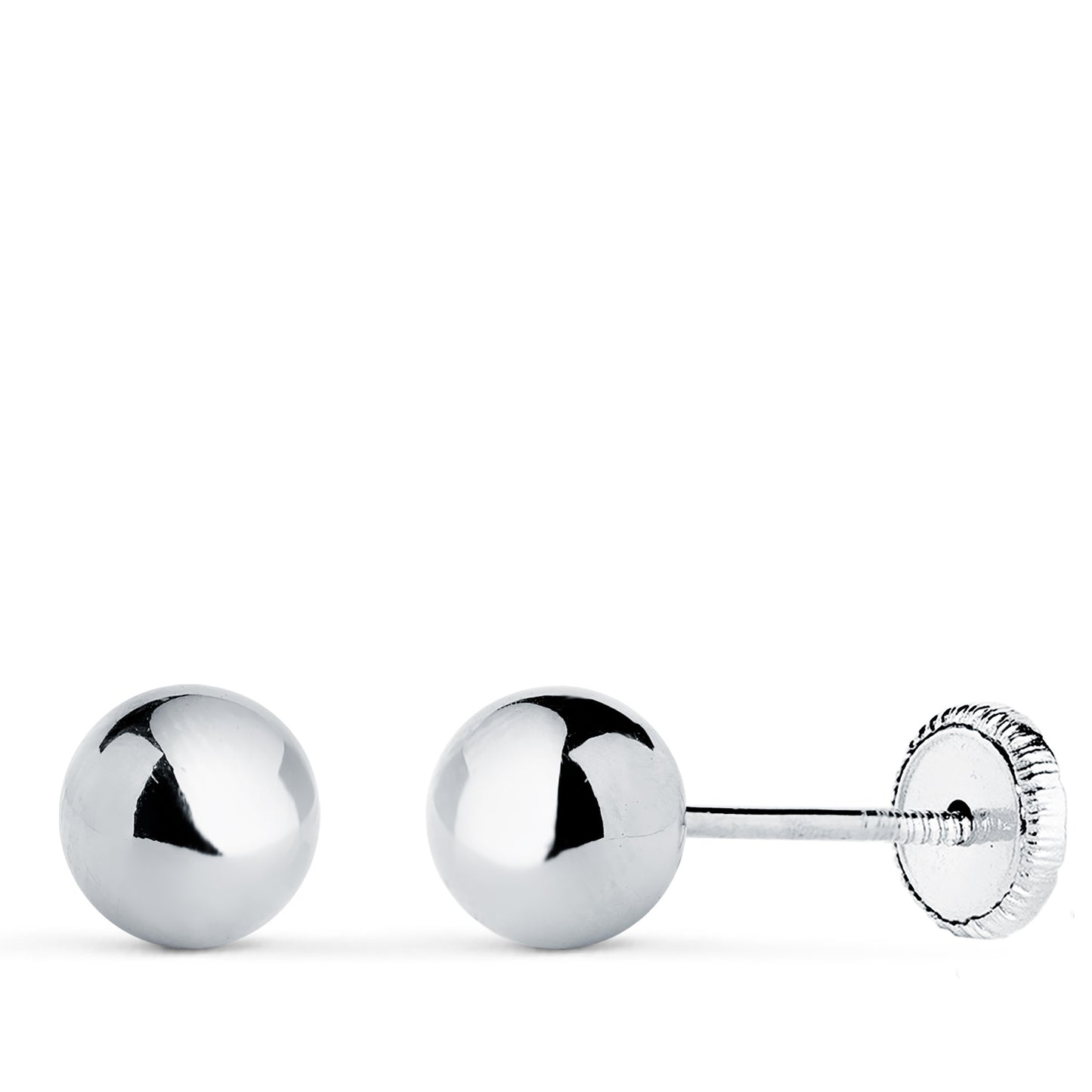 18K PENDIENTES ORO BLANCO BOLA LISA BRILLA HUECA. ANCHO: 6 MM. CIERRE TUERCA