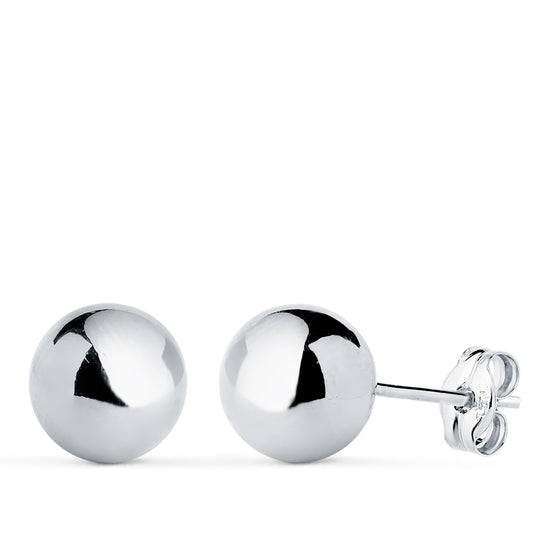 18K PENDIENTES ORO BLANCO BOLA LISA BRILLA HUECA. ANCHO: 8 MM. CIERRE PRESION