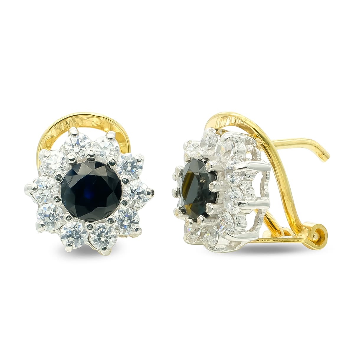 18K PENDIENTES ORO BICOLOR ZAFIRO 5 MM CIRCONITA CIERRE OMEGA