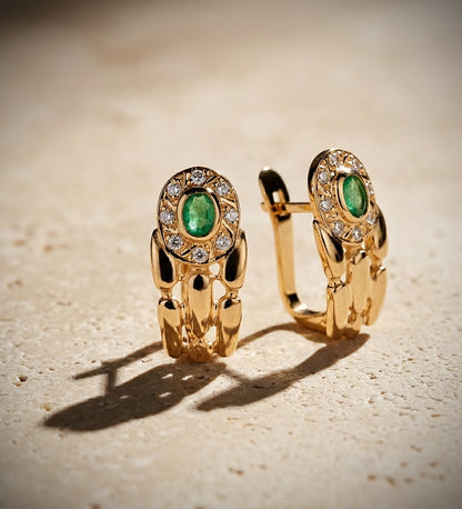 18K PENDIENTES ORO AMARILLO PANTER CON ESMERALDA Y CIRCONITAS. 16 X 8 MM. CIERRE CATALAN