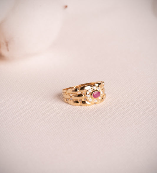 18K SORTIJA ORO AMARILLO PANTER CON CIRCONITAS Y RUBI NATURAL 4X3 MM. ANCHO: 9MM