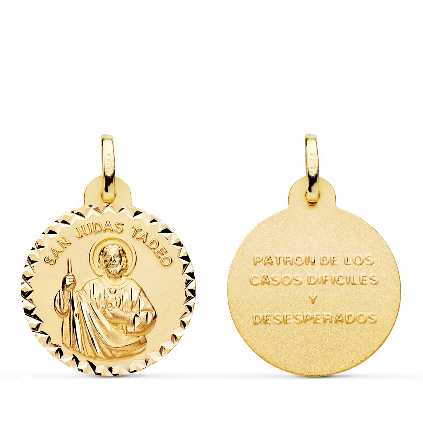 18K MEDALLA ORO AMARILLO SAN JUDAS TADEO BORDE TALLA CRUZADA. MEDIDA: 20 MM