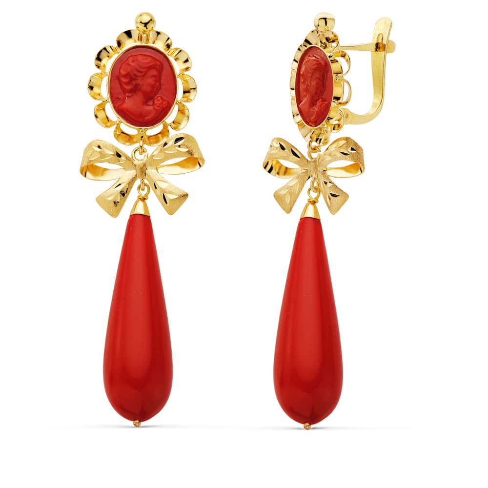 18K PENDIENTES CUBANAS ORO AMARILLO CAMAFEO LAZO CORALINA 62X18 MM CIERRE CATALAN