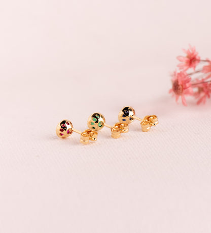 18K PENDIENTES ORO AMARILLO REDONDOS PIEDRA AZUL BORDES BOLITAS. MEDIDA: 5MM. CIERRE PRESION