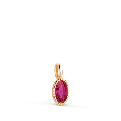 18K COLGANTE ORO AMARILLO OVAL PIEDRA ROJA BORDES BOLITAS. MEDIDA: 9 X 4MM