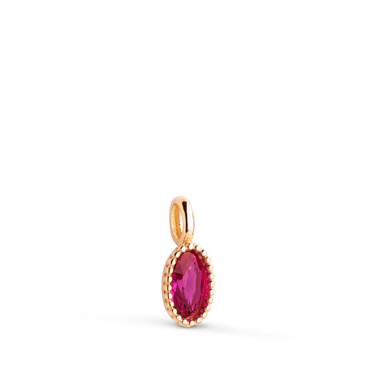 18K COLGANTE ORO AMARILLO OVAL PIEDRA ROJA BORDES BOLITAS. MEDIDA: 9 X 4MM