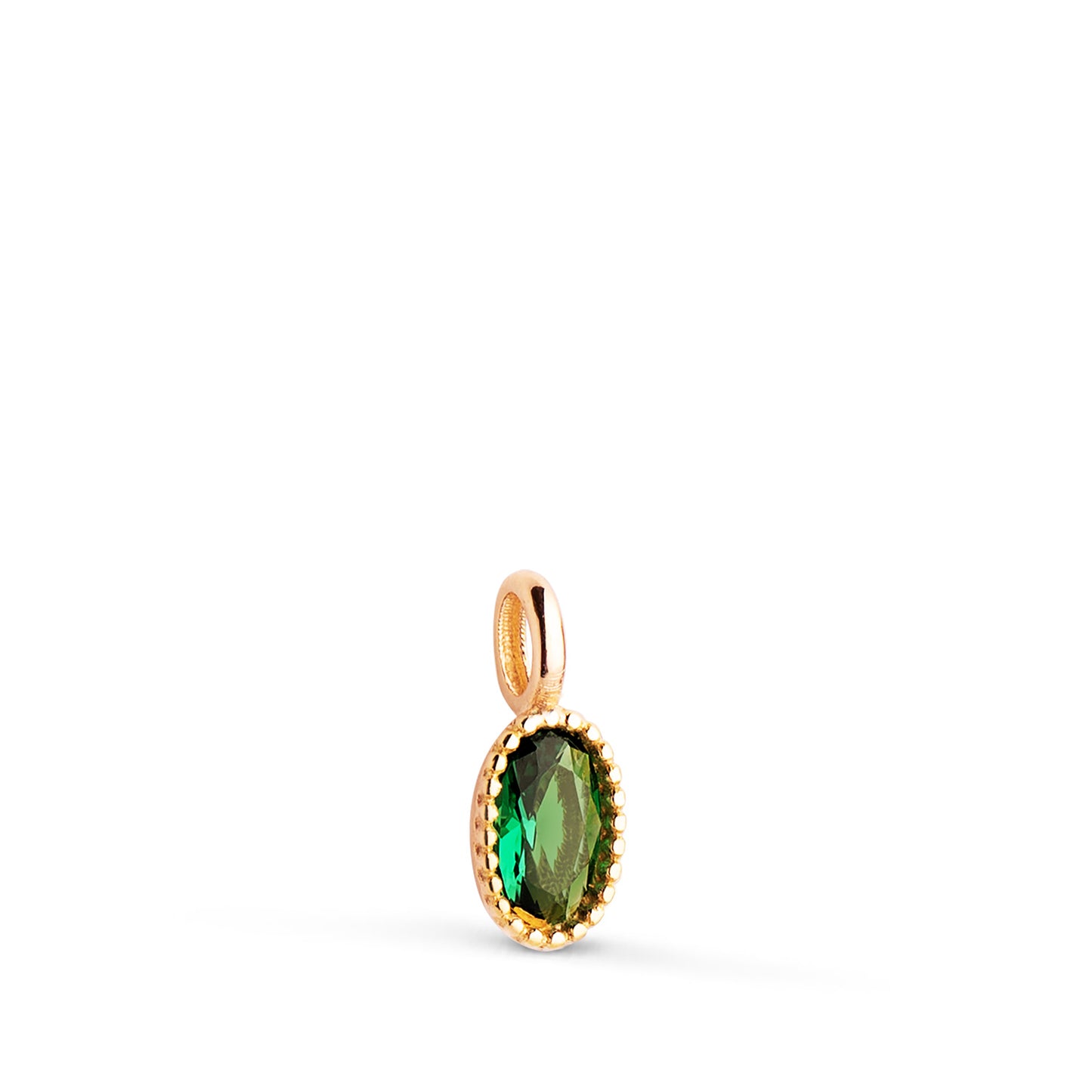 18K COLGANTE ORO AMARILLO OVAL PIEDRA VERDE BORDES BOLITAS. MEDIDA: 9 X 4MM