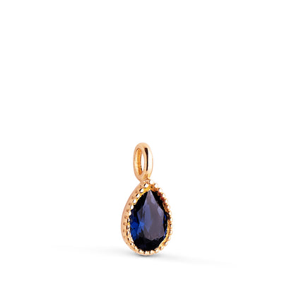 18K COLGANTE ORO AMARILLO GOTA PIEDRA AZUL BORDES BOLITAS. MEDIDA: 11 X 5MM