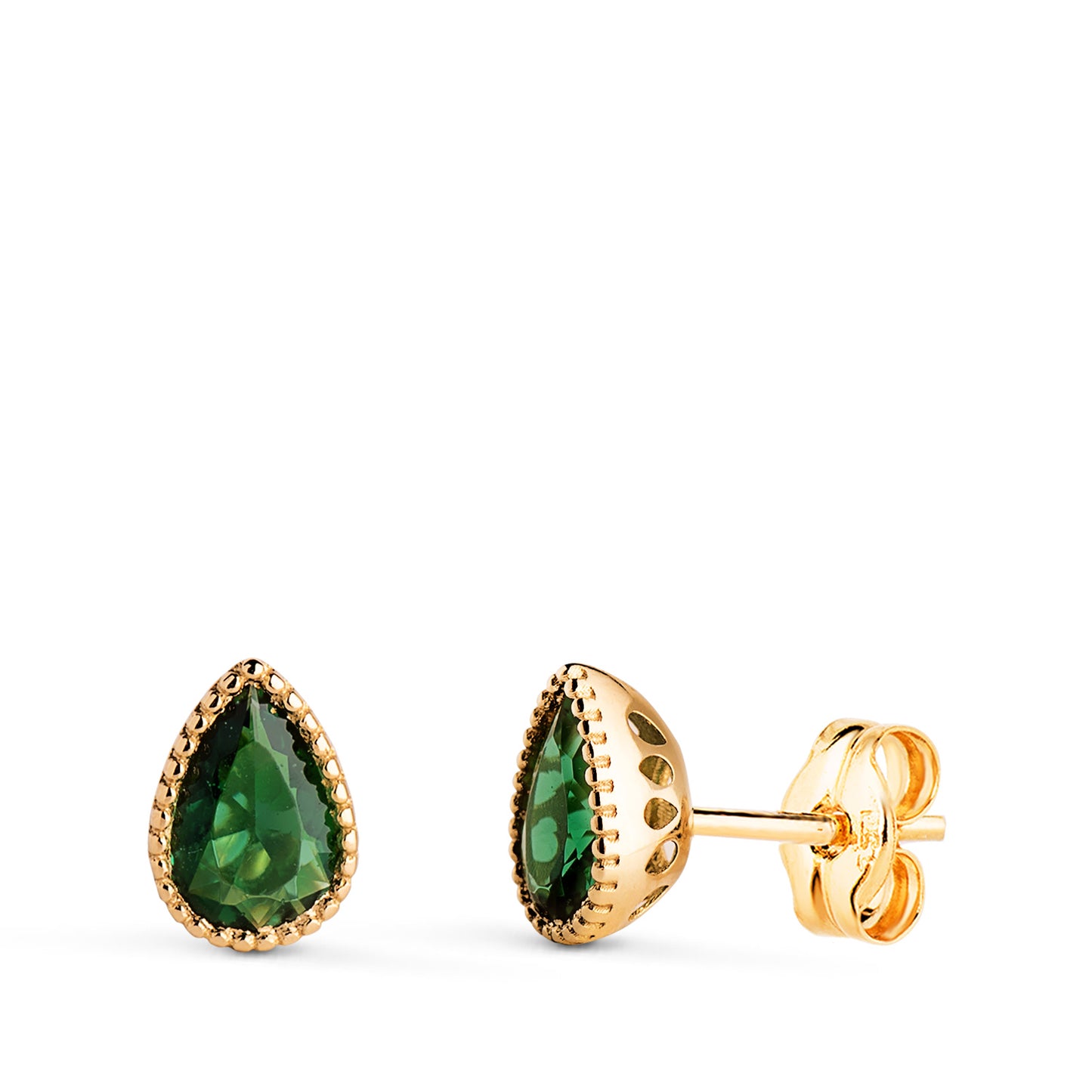 18K PENDIENTES ORO AMARILLO GOTA PIEDRA VERDE BORDES BOLITAS. MEDIDA: 7 X5 MM. CIERRE PRESION