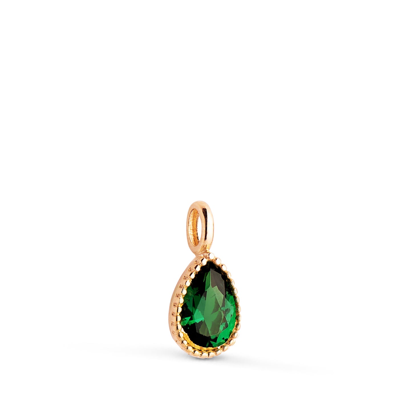18K COLGANTE ORO AMARILLO GOTA PIEDRA VERDE BORDES BOLITAS. MEDIDA: 11 X 5MM