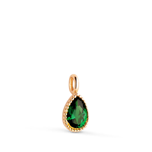 18K COLGANTE ORO AMARILLO GOTA PIEDRA VERDE BORDES BOLITAS. MEDIDA: 11 X 5MM