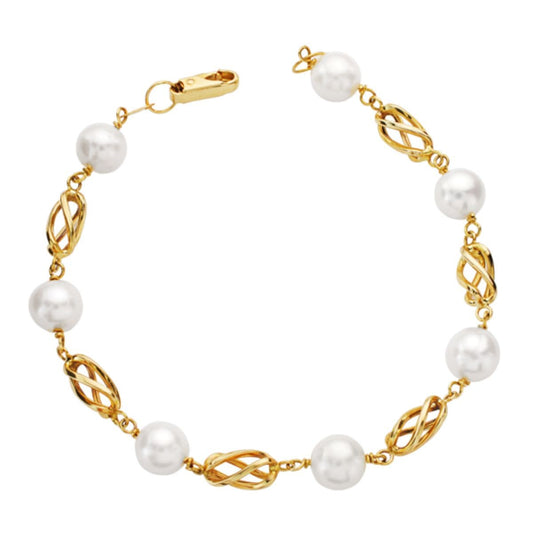 18K PULSERA ORO AMARILLO PERLA REDONDAS DE 8.5 MM Y JAULAS DE ORO 19CM