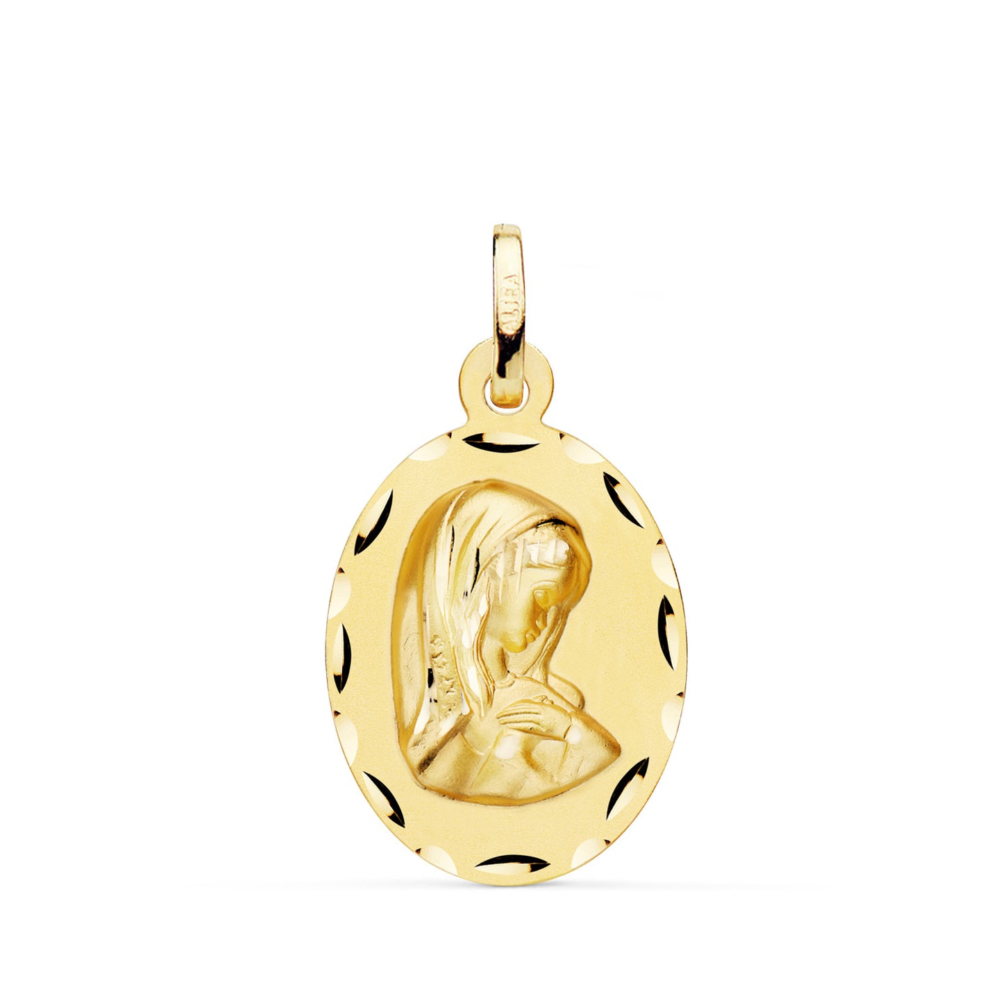 9K MEDALLA ORO AMARILLO VIRGEN NIÑA OVAL TALLADA. MEDIDA: 16X12 MM