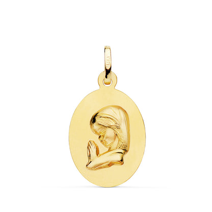 18K MEDALLA ORO AMARILLO VIRGEN NIÑA OVAL LISA MATIZADA. MEDIDA: 23 X 15 MM