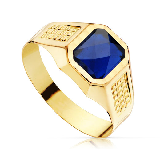 18K SELLO ORO AMARILLO CADETE HUECO PIEDRA ZAFIRO SPINEL 7X6 MM