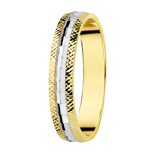 9K ALIANZA ORO BICOLOR TALLADA. ANCHO: 3.5 MM