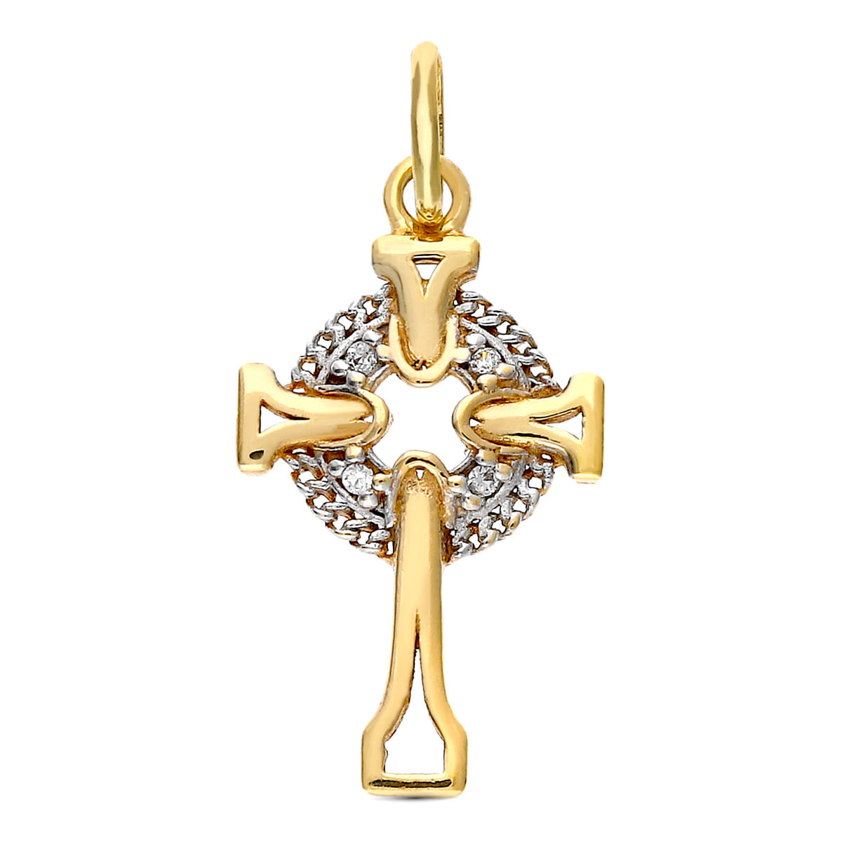 9K CRUZ SIN CRISTO ORO BICOLOR CELTA CIRCONITA 18 X 11 MM