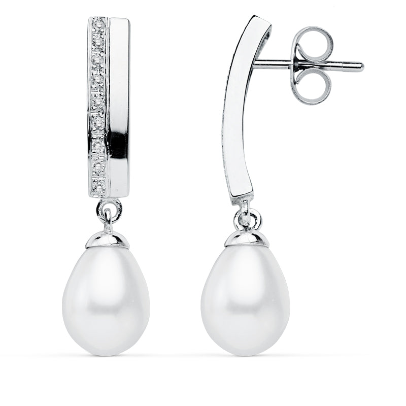 9K PENDIENTES ORO BLANCO PERLA 30X7 MM CIERRE PRESION