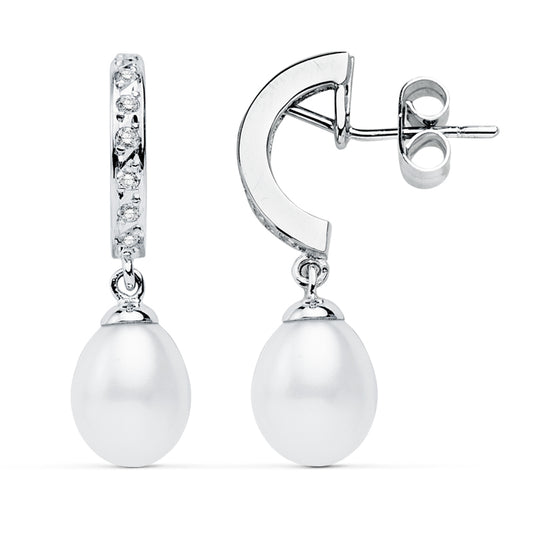 9K PENDIENTES ORO BLANCO PERLA 28X8 MM CIERRE PRESION
