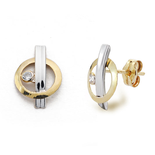 9K PENDIENTES ORO BICOLOR CIRCONITA 12X8 MM CIERRE PRESION