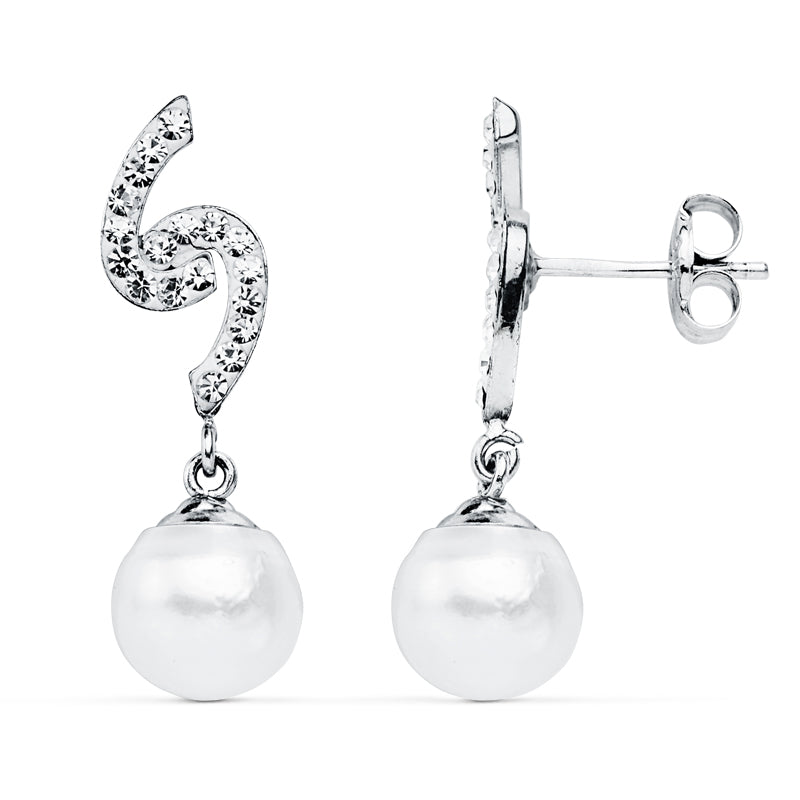 9K PENDIENTES ORO BLANCO PERLA 8 MM 24X6 MM CIERRE PRESION
