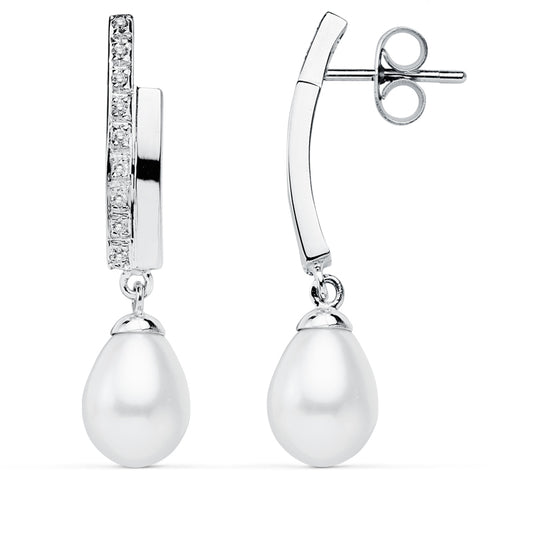 9K PENDIENTES ORO BLANCO PERLA 32X8 MM CIERRE PRESION