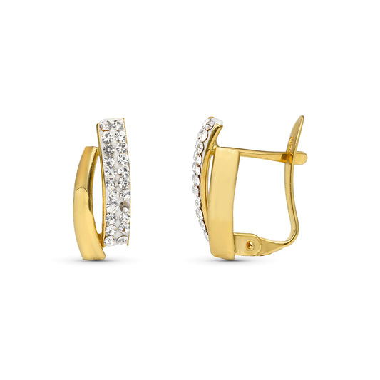 9K PENDIENTES ORO BICOLOR BANDAS PIEDRA 13X6 MM CIERRE CATALAN