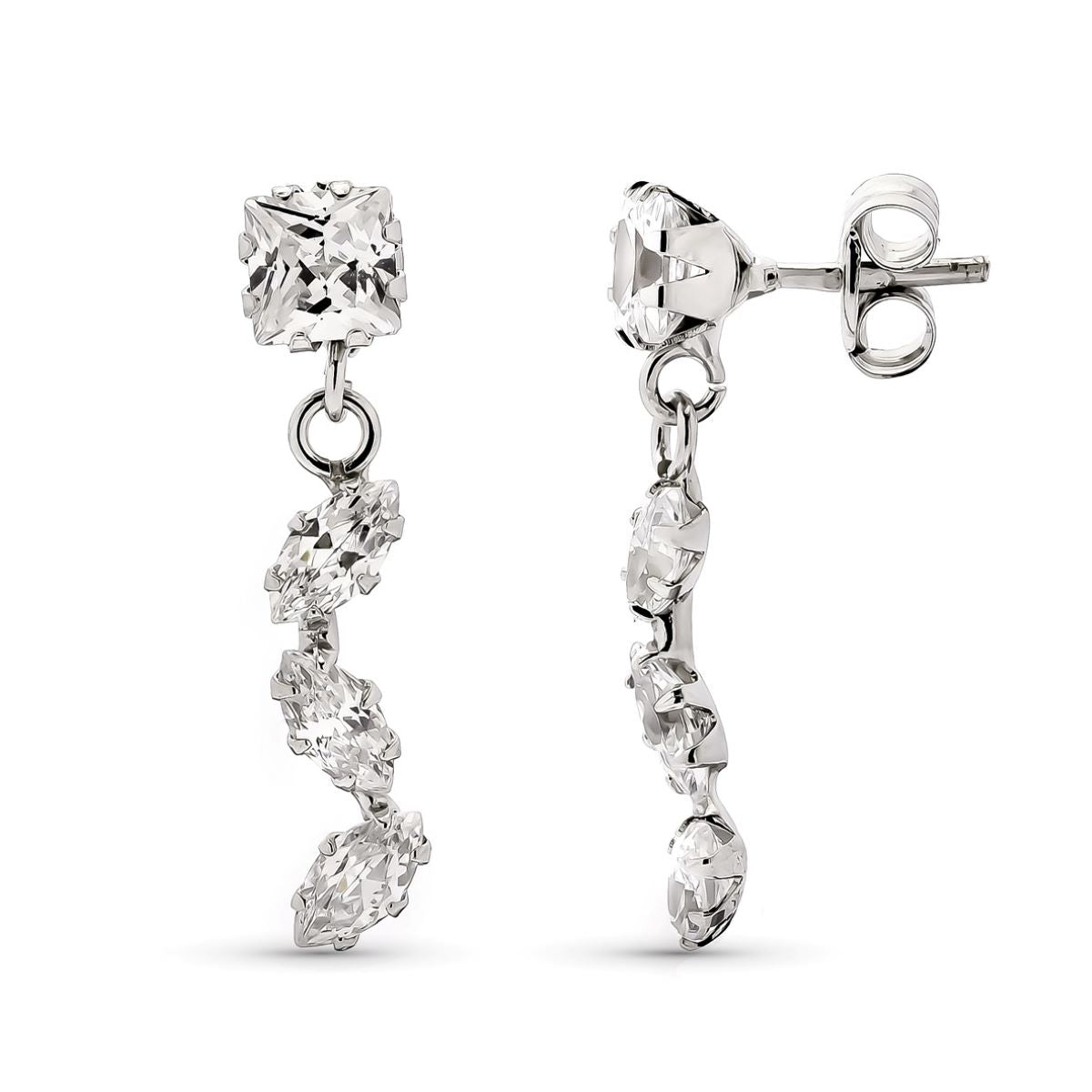 9K PENDIENTES CARRE Y MARQUIS ORO BLANCO 20X4 MM CIERRE PRESION
