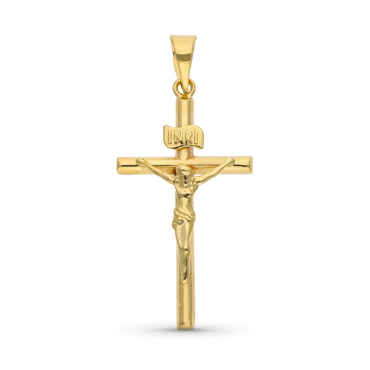 9K COLGANTE CRUZ CON CRISTO ESTAMPADO. MEDIDA: 24 X 14 MM. TUBO 2 MM