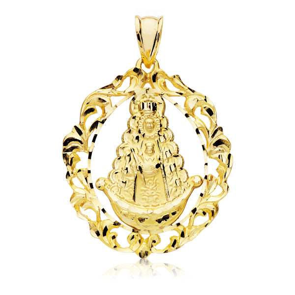 9K MEDALLA ORO AMARILLO ORLA VIRGEN DEL ROCIO. 40X33 MM
