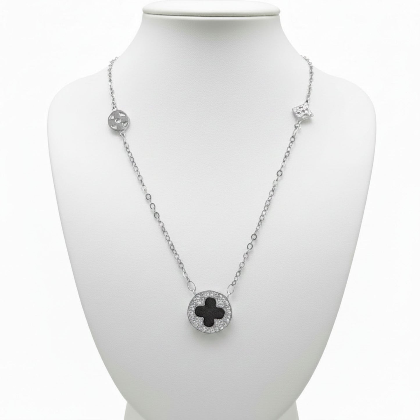 Collar Gargantilla Plata Rodio con Cruz Esmalte Negro y Circonitas. Joyeria Osnor