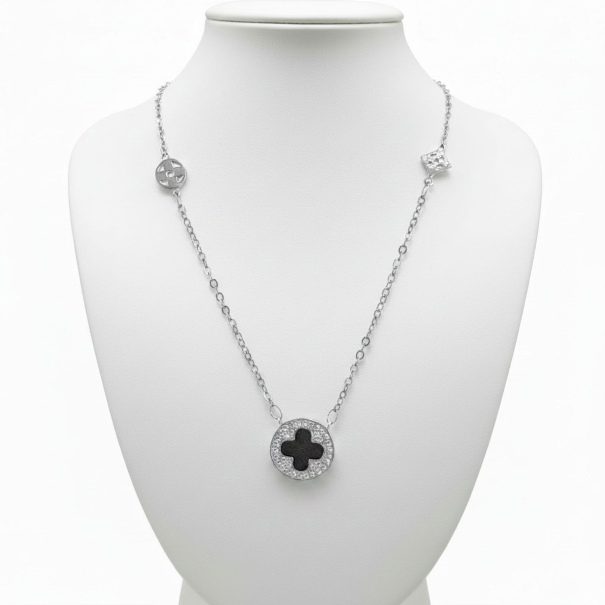 Collar Gargantilla Plata Rodio con Cruz Esmalte Negro y Circonitas. Joyeria Osnor
