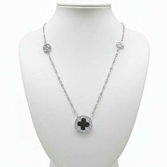 Collar Gargantilla Plata Rodio con Cruz Esmalte Negro y Circonitas. Joyeria Osnor
