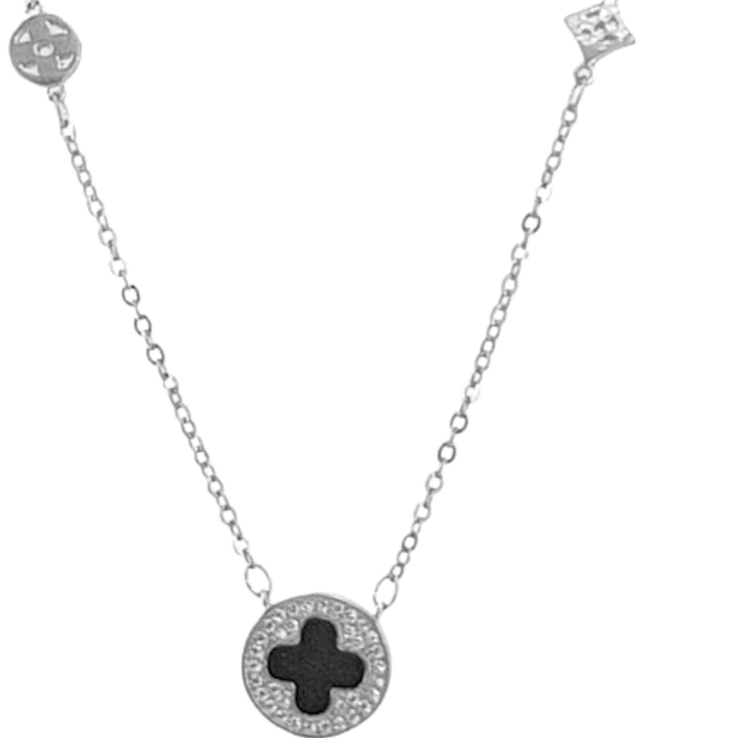 Collar Gargantilla Plata Rodio con Cruz Esmalte Negro y Circonitas. Joyeria Osnor