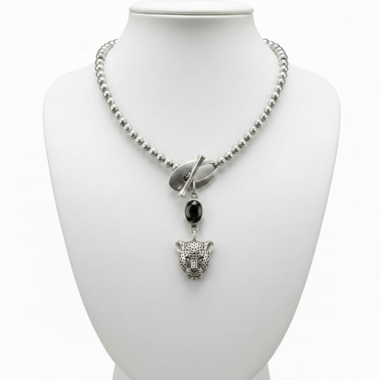 Collar gargantilla mujer  zamak cadena de bolas con colgante leopardo y circonita Joyería Osnor Zamak