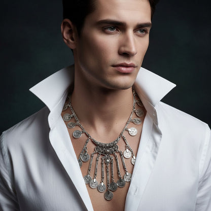 Hombre Luciendo Collar Zamak Monedas Vintage Unisex Plateado Tribal con Flecos Joyeria Osnor