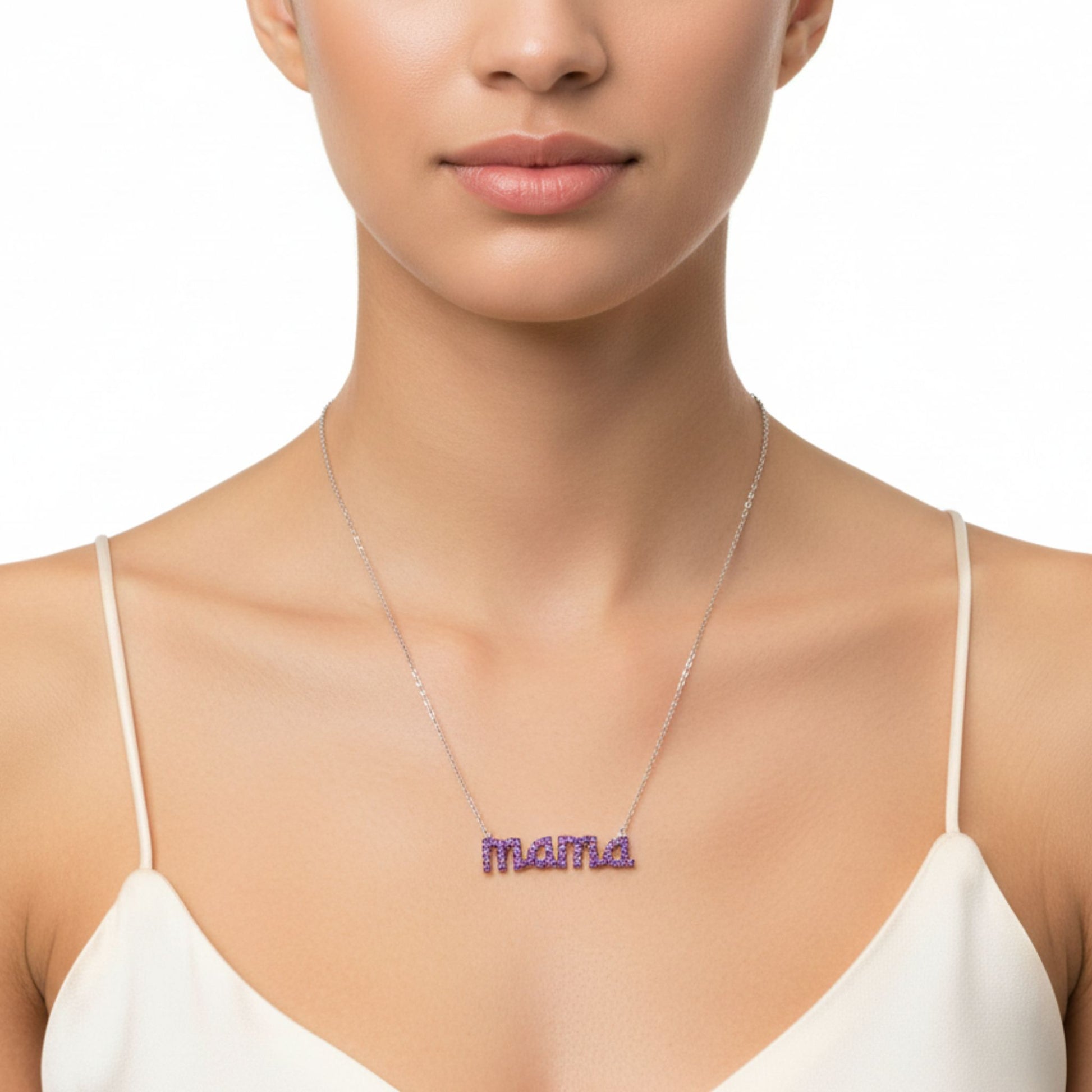 Collar Gargantilla Mamá Plata con Rodio y Circonitas Violetas. joyeria osnor