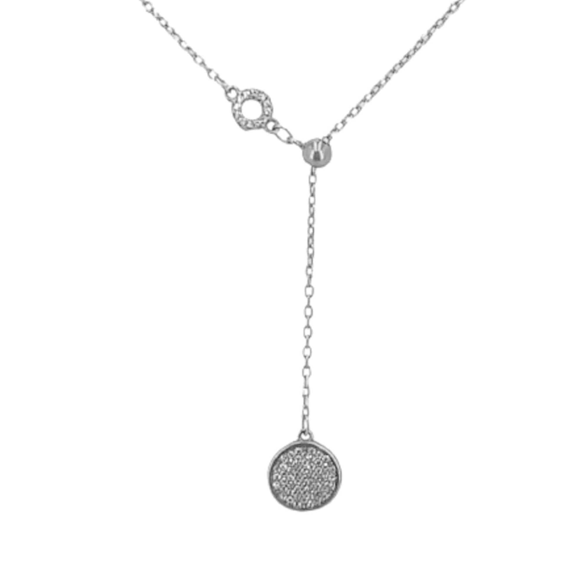 Collar Gargantilla  Lariat Plata Rodio con Disco Pavé Circonitas Blancas.Joyeria Osnor