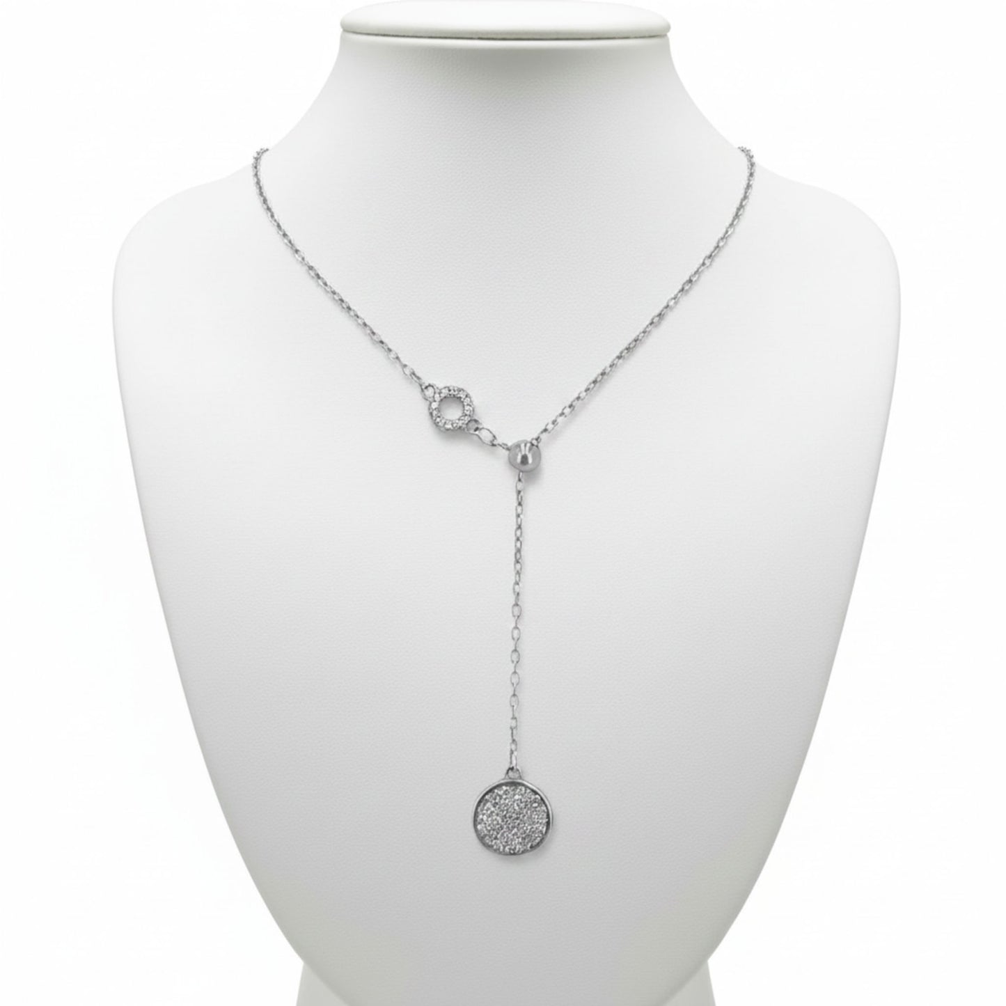 Collar Gargantilla  Lariat Plata Rodio con Disco Pavé Circonitas Blancas.Joyeria Osnor