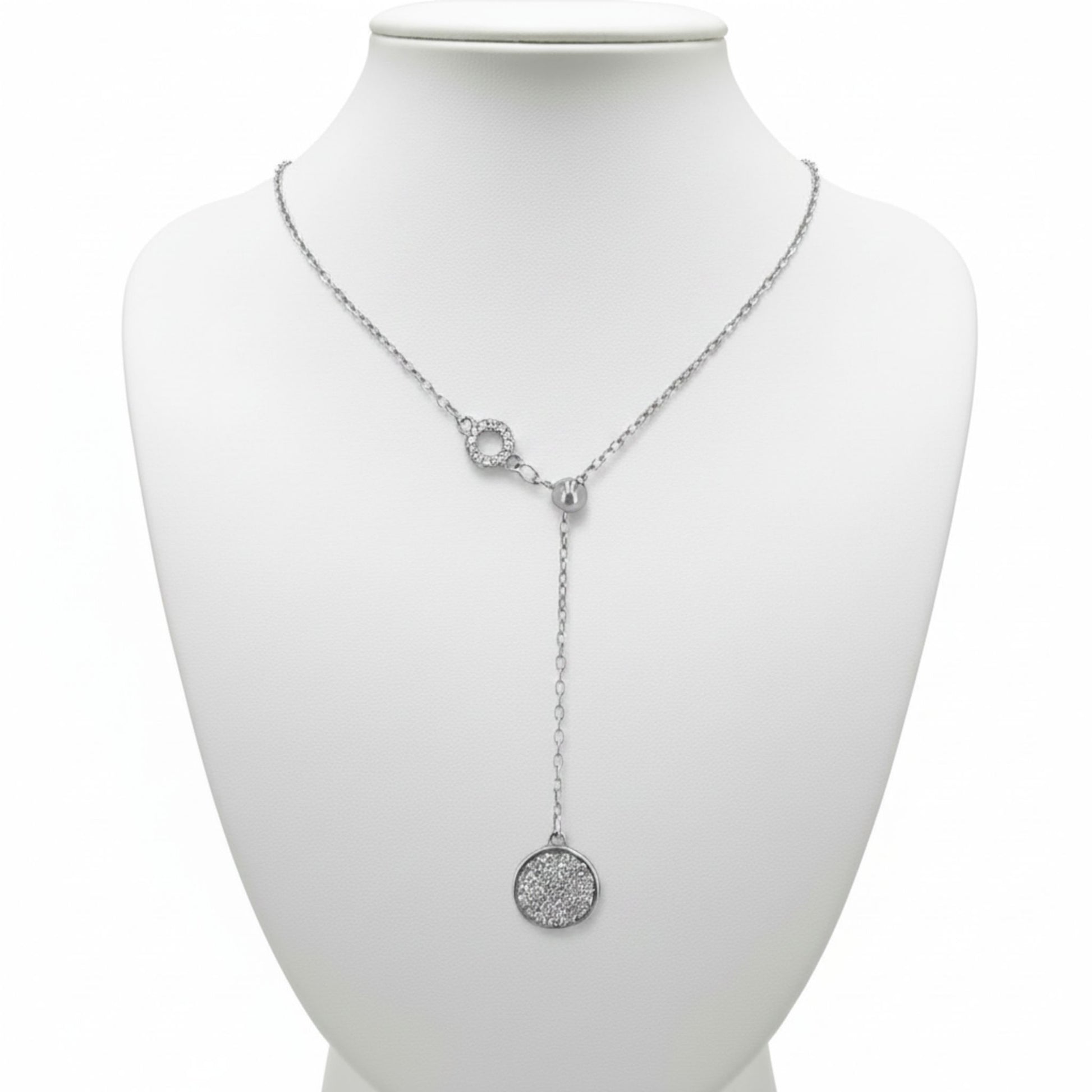 Collar Gargantilla  Lariat Plata Rodio con Disco Pavé Circonitas Blancas.Joyeria Osnor