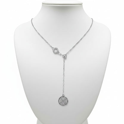 Collar Gargantilla  Lariat Plata Rodio con Disco Pavé Circonitas Blancas.Joyeria Osnor