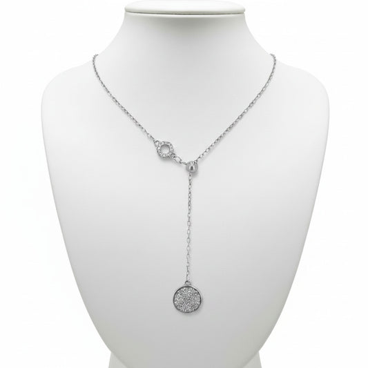 Collar Gargantilla  Lariat Plata Rodio con Disco Pavé Circonitas Blancas.Joyeria Osnor