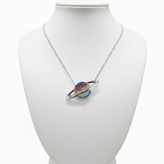 Collar Gargantilla Planeta Plata 925 con Turquesa Natural y Circonitas de Colores. Joyeria Osnor