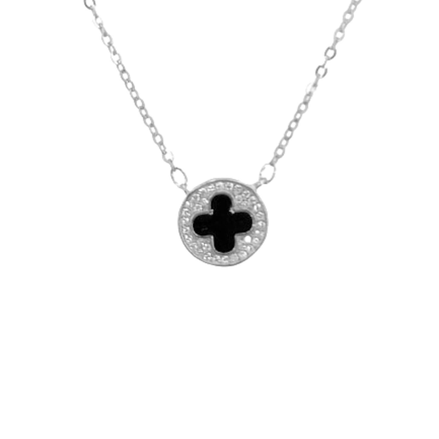 Collar Gargantilla Doble Plata Triángulo Circonitas y Disco Trébol Esmalte Negro. Joyeria Osnor