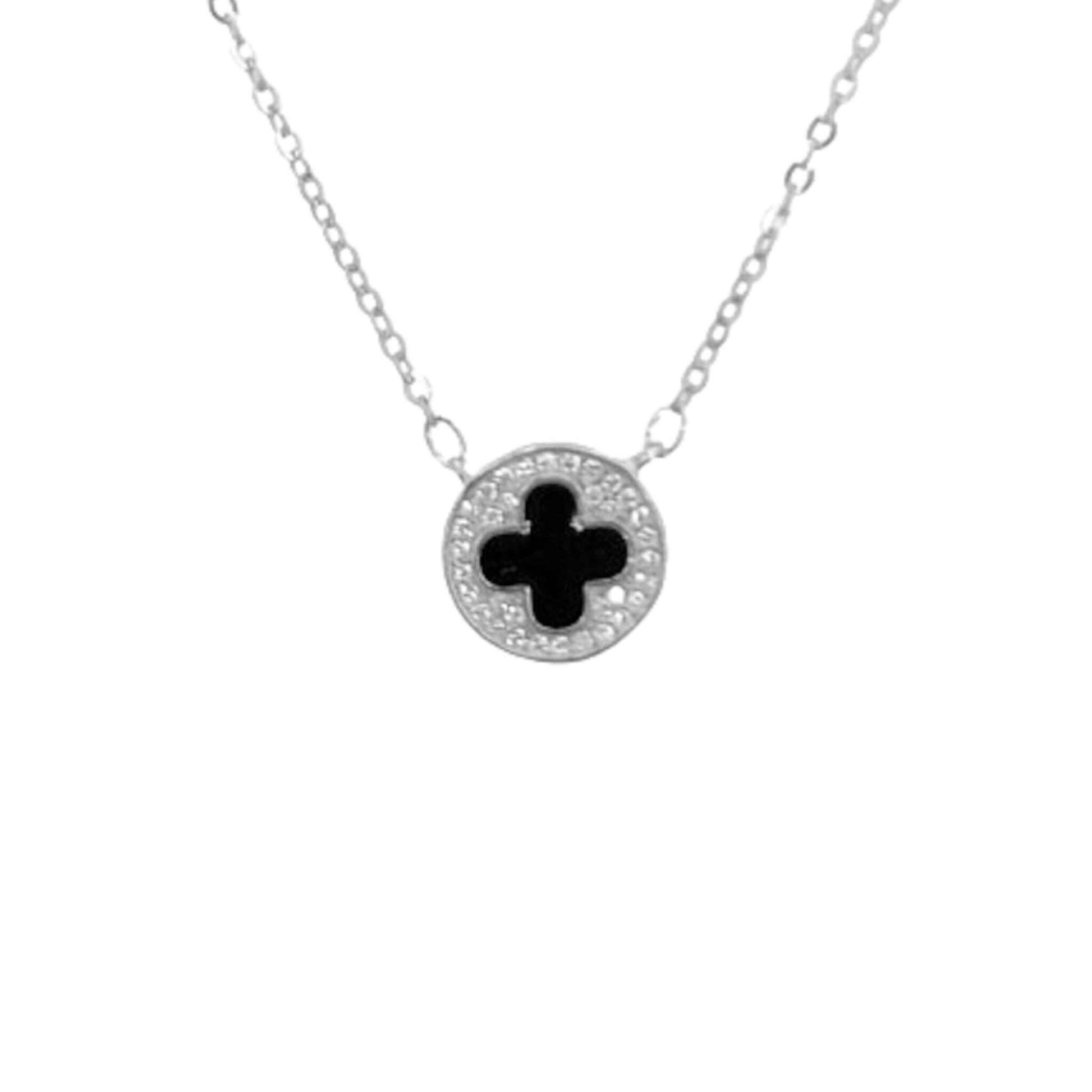 Collar Gargantilla Doble Plata Triángulo Circonitas y Disco Trébol Esmalte Negro. Joyeria Osnor