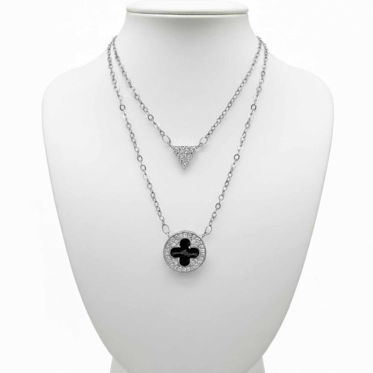 Collar Gargantilla Doble Plata Triángulo Circonitas y Disco Trébol Esmalte Negro. Joyeria Osnor