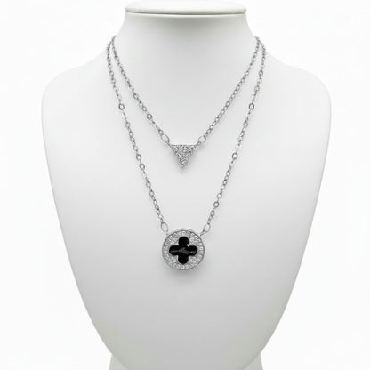 Collar Gargantilla Doble Plata Triángulo Circonitas y Disco Trébol Esmalte Negro. Joyeria Osnor
