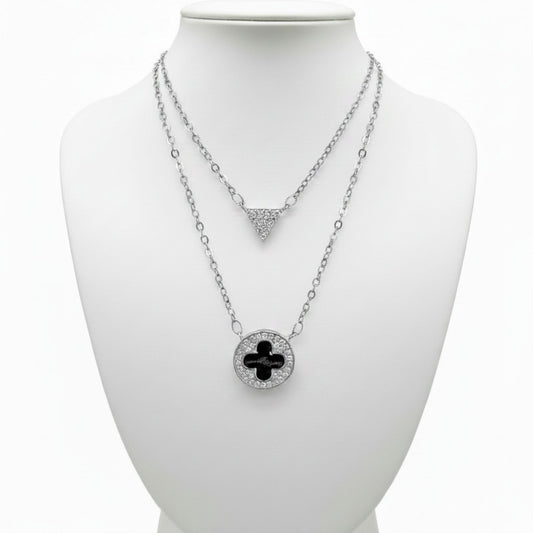 Collar Gargantilla Doble Plata Triángulo Circonitas y Disco Trébol Esmalte Negro. Joyeria Osnor