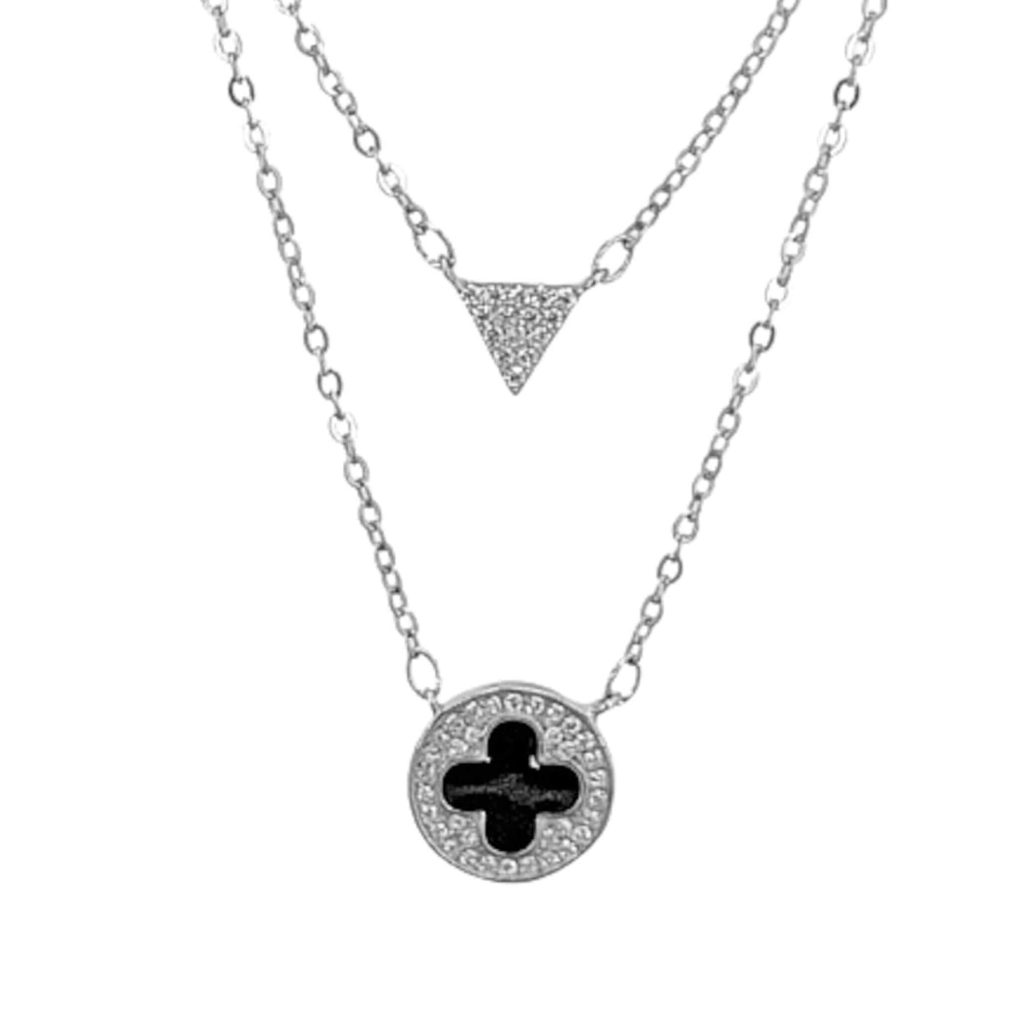 Collar Gargantilla Doble Plata Triángulo Circonitas y Disco Trébol Esmalte Negro. Joyeria Osnor